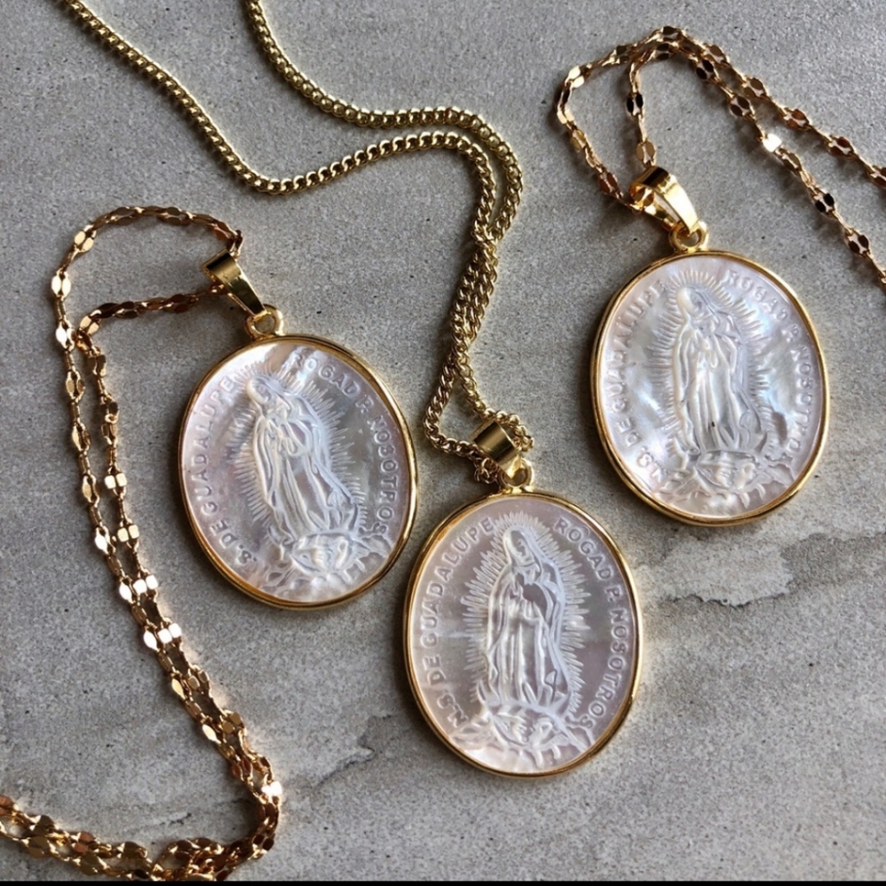 Carved Shell Mother Mary 14k Gold Necklace